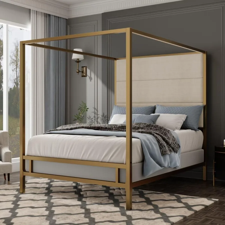 Modern Gold Canopy Bed with Tall Linen Fabric Upholstered Headboard Metal 4Poster Bed Frame Box Spring Needed King Gold