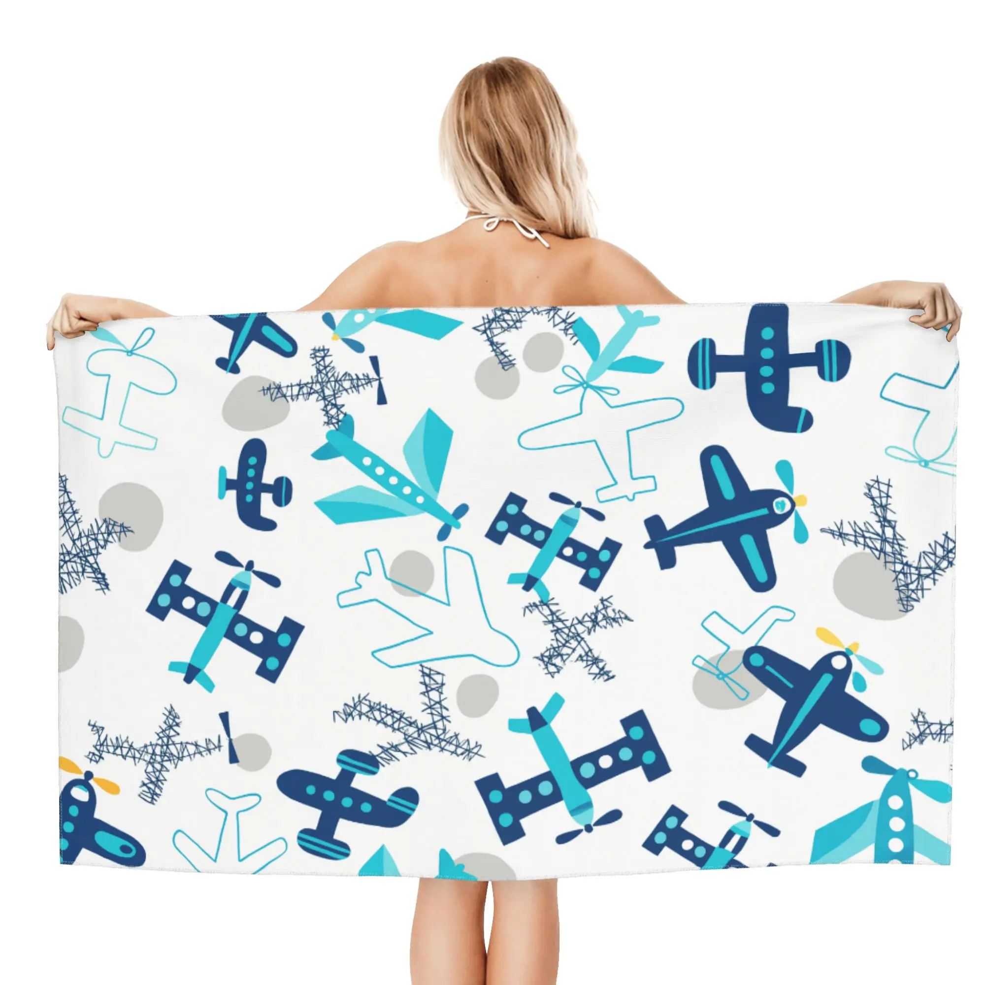 Aviation Themed Cartoon Style Airplane Pattern Beach Towel Natural Sand Ultra-fine Fiber Bath Towel Ultra Soft Quick Drying