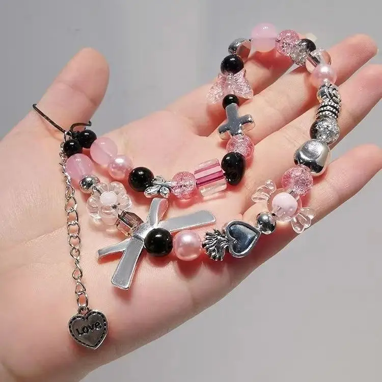 Corrente de Telefone Coreana Y2K Rosa Doce com Miçangas, Pingente de Pulseira de Flor e Borboleta para Todos os Celulares