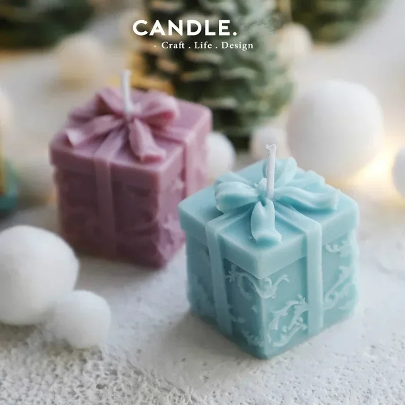 DIY Christmas Gift Box Scented Candle Plaster Mold Bow Gift Box Fondant Silicone Mold Christmas Decor Soap Making Resin Mold