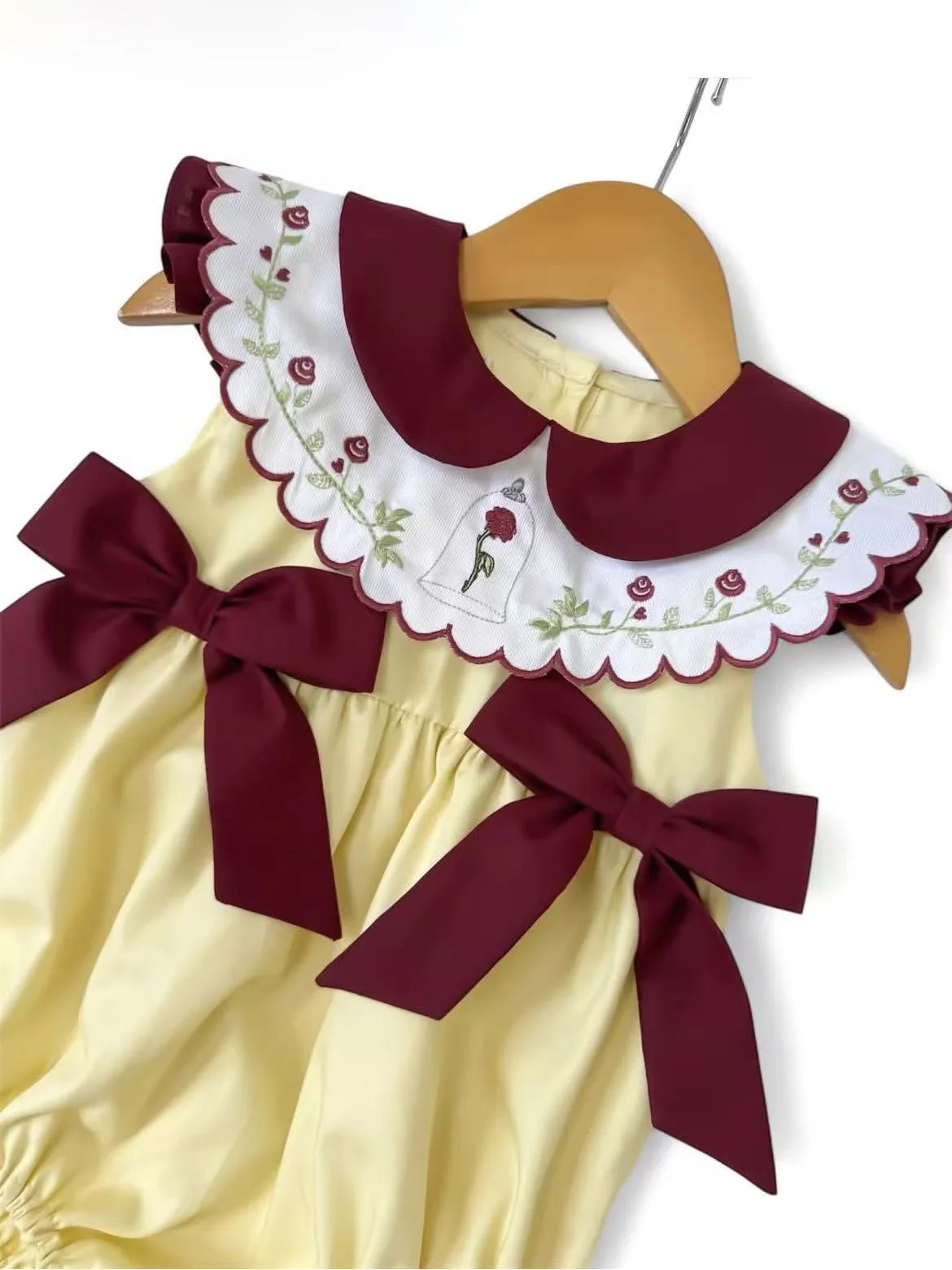0-6Y Girl Summer Flower Embroidery Yellow Red Rompers for Birthday Photography B555