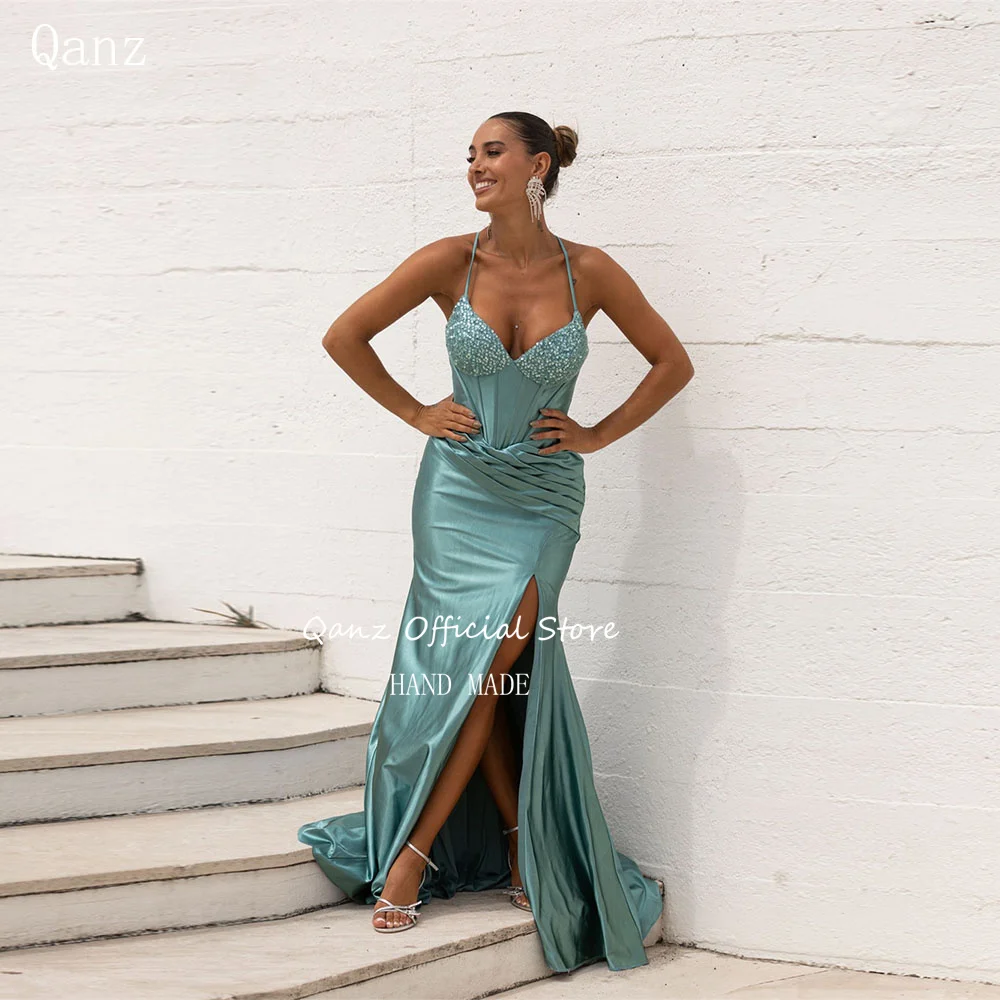 

Qanz Modern High Slit Satin Evening Dresses Sequined Sweetheart Vestidos Para Fiesta De Lujo Party Prom dress Customized