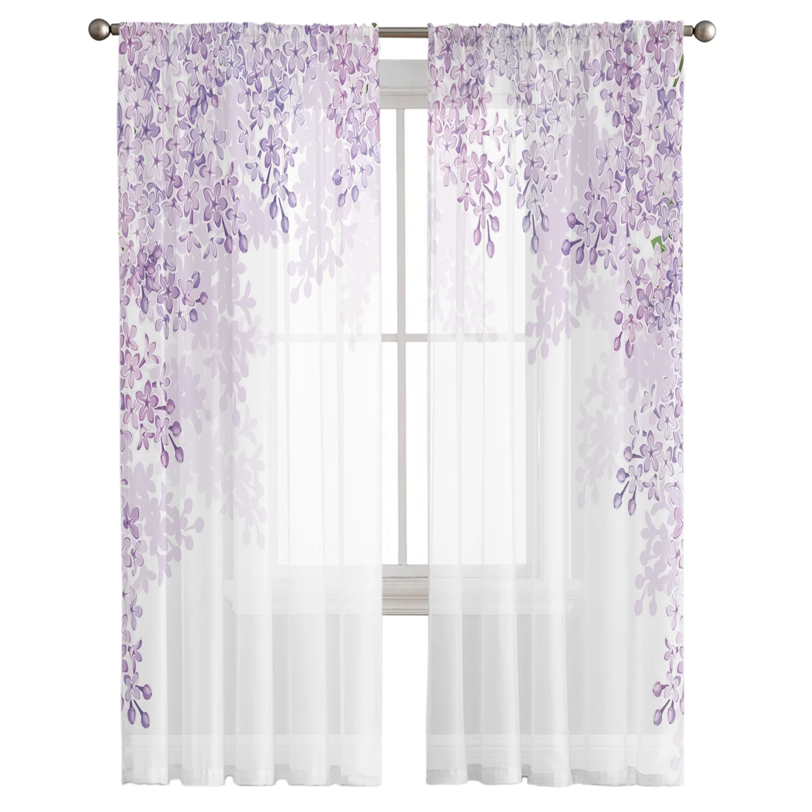 Purple Flower White Tulle Window Curtain for Living Room Modern Sheer Curtain for Bedroom Kitchen Drapes Custom