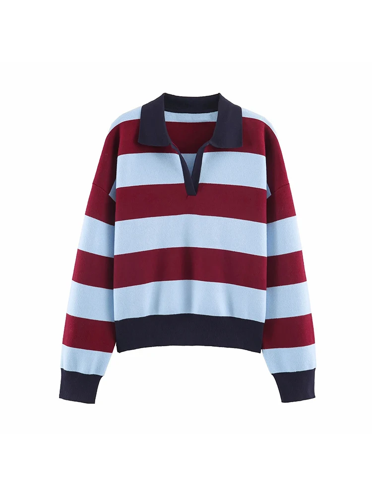 Women Elegant Striped Polo Shirt Knit Color Blocked Long Sleeve Lapel Warm Sweater 2026 Spring Autumn Casual Vacation Outfit