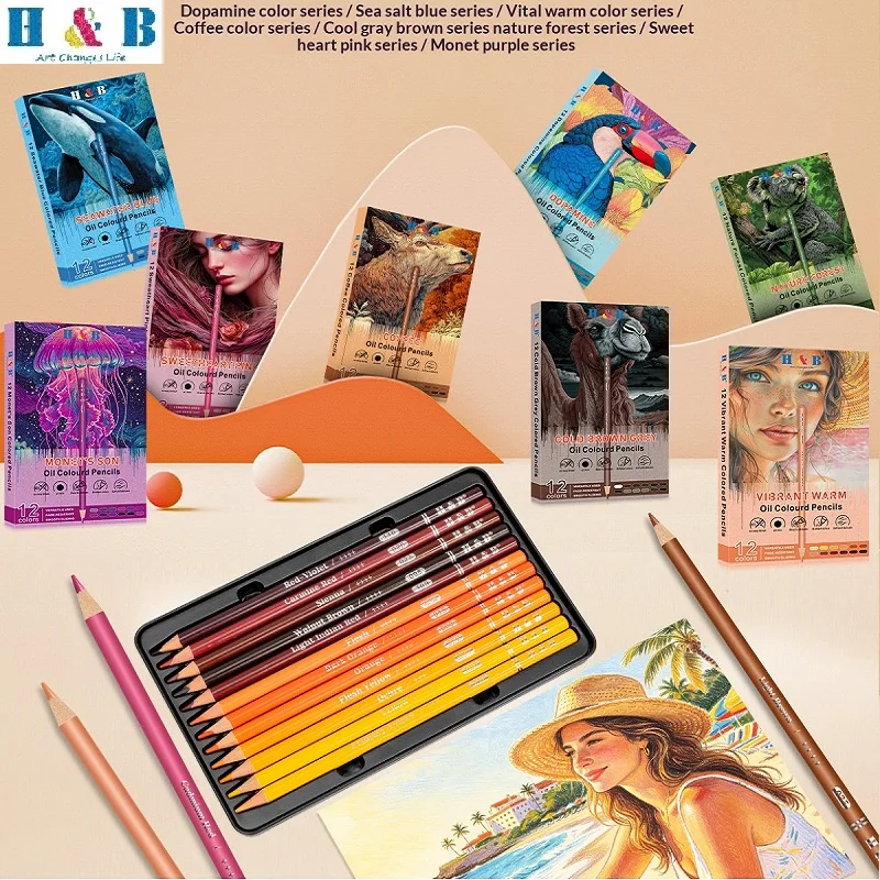 H&B Artists Colored Pencil Set 12pcs 3mm Lead Water Resistant Lightfast Smooth Drawing for Architecture/Fashion/Landscape Design