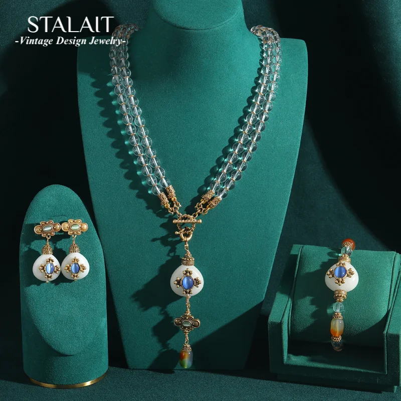 

Vintage Drop Natural Stone Bee Jewelry Sets Luxury Brands Beads Necklaces Accessories Earrings Bracelet Women'S Mother Day Gift