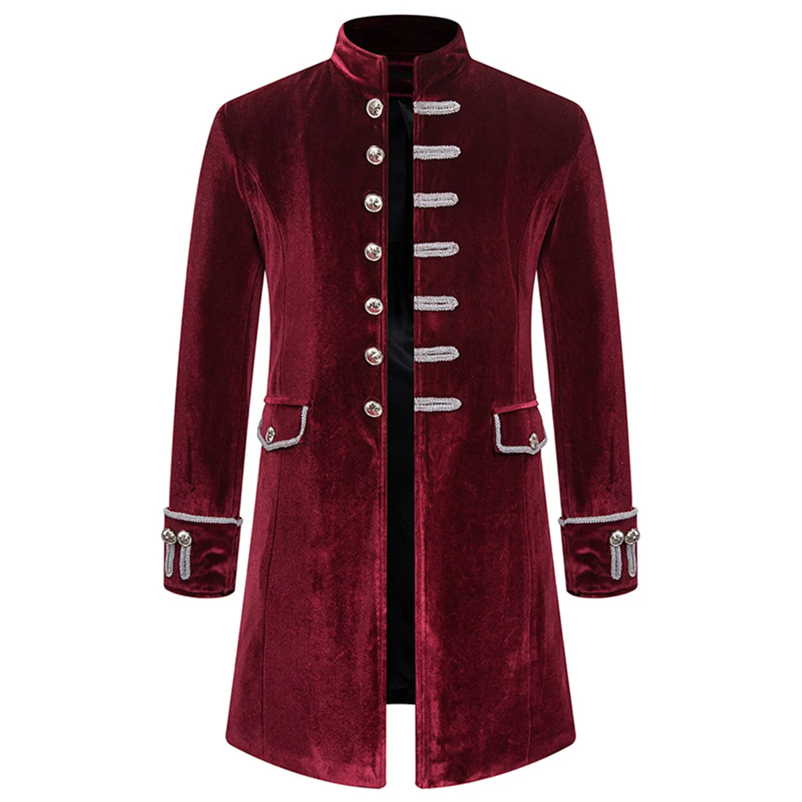 Men Steampunk Gothic Victorian Jacket Vintage Wine Red Velvet Tailcoat Medieval Frock Coat Uniform Party Costume Homme