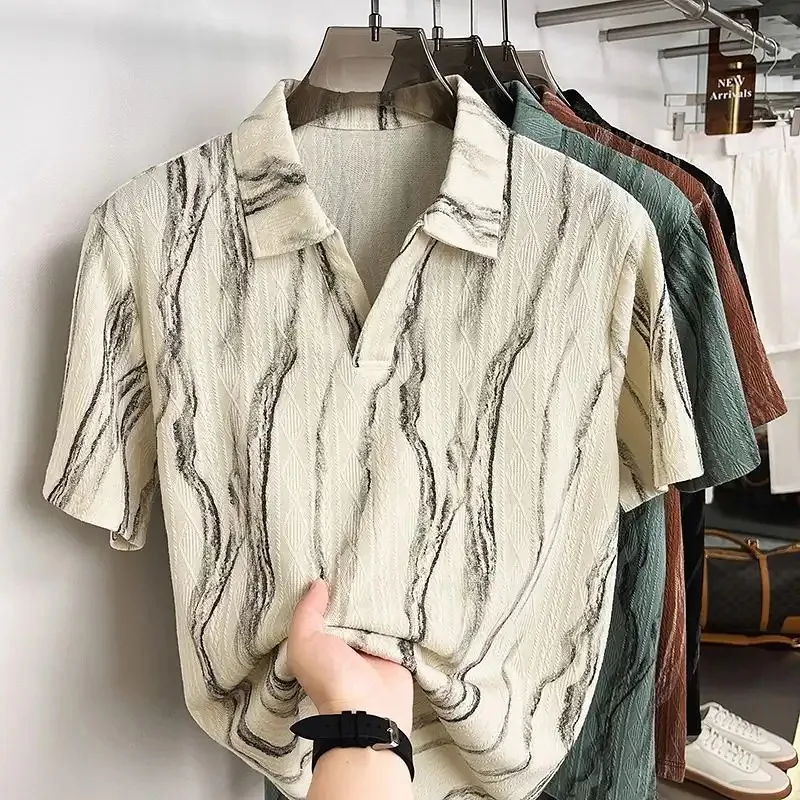 Vintage Stripe Men Notch Collar Polo Shirt Short Sleeve High End Texture Casual Summer T-shirt