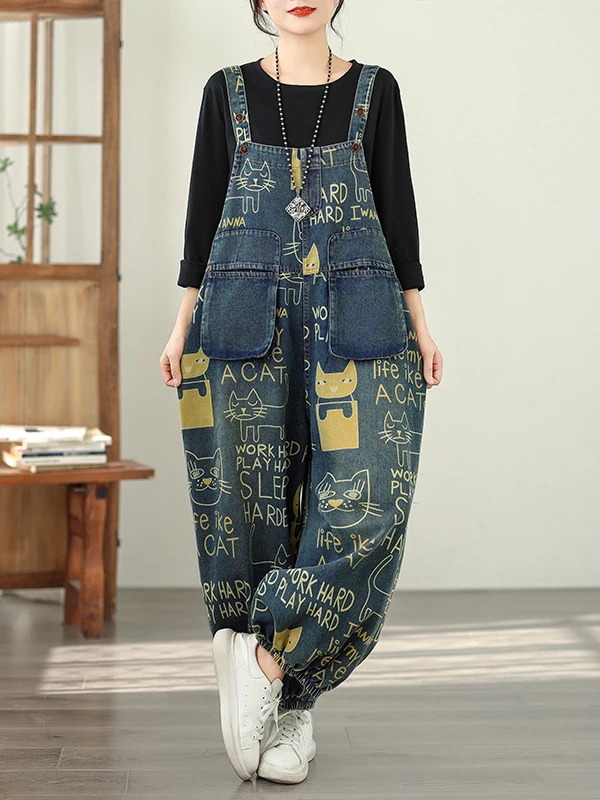 Mono vaquero para mujer Thiened Fce Casual Harajuku holgado estampado artístico pantalones de papá cintura alta mezcla de algodón y poliéster