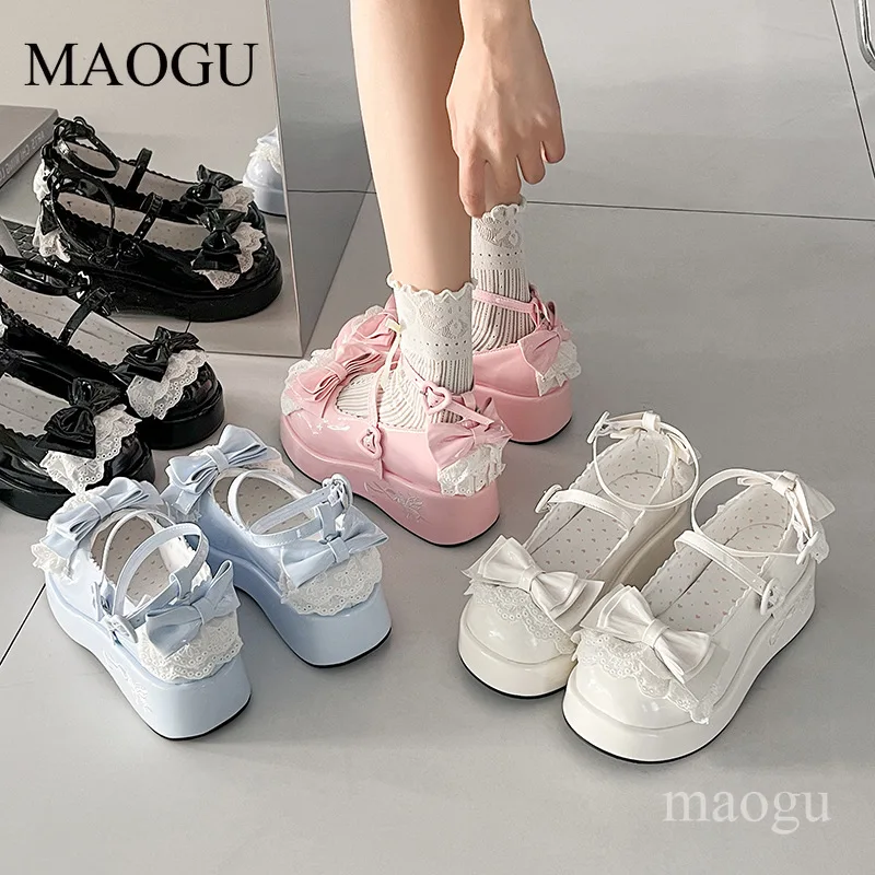 Women's Sweet Lolita Platform Mary Janes Lace Bow Buckle Chunky Sole Pumps Kawaii Dress Shoes for Cosplay Girls Туфли Мэри Джейн - view 3