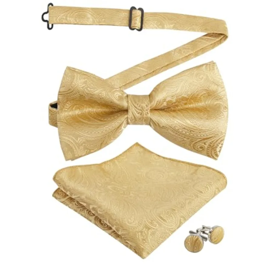 Mens Paisley Bow Tie, Pocket Square, Cufflinks Set,Gold-1 view 2
