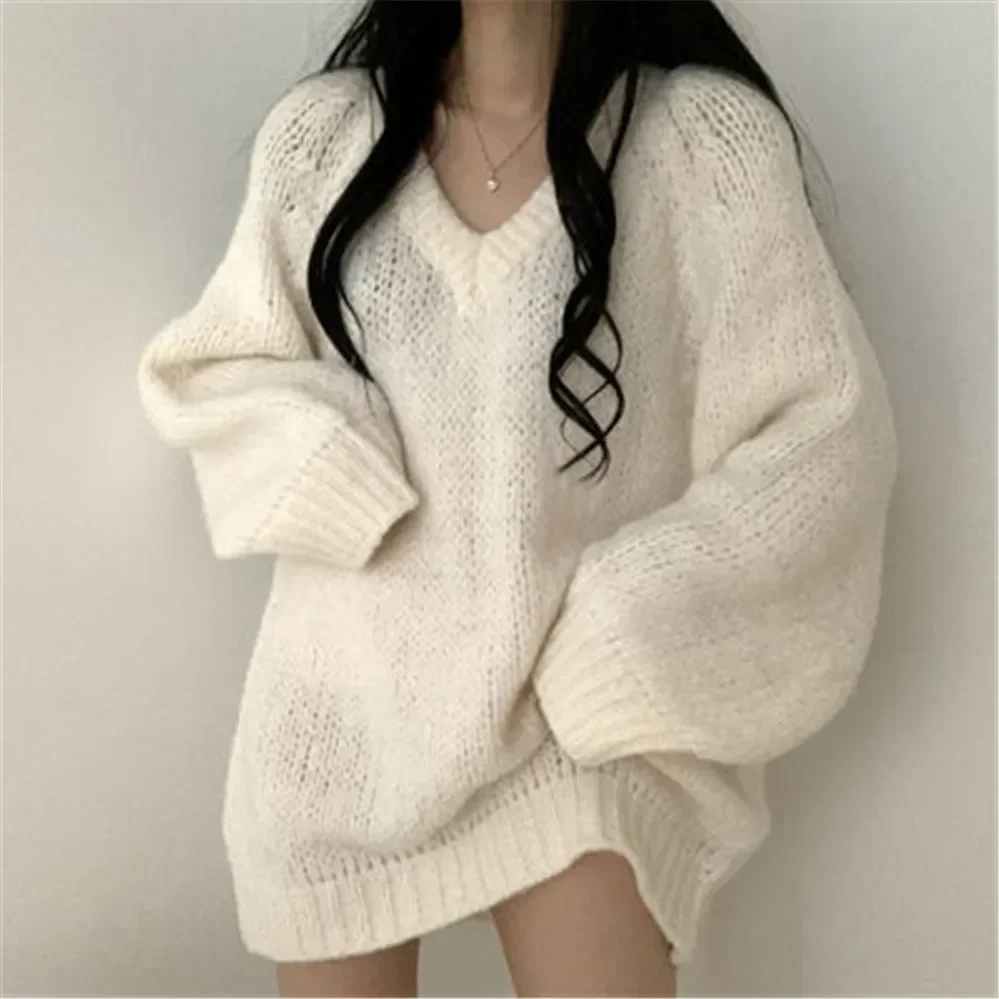 Mulheres pulôveres com decote em v branco cinza moda manga longa topo simples solto oversize feminino outono suéteres de malha coreano elegante