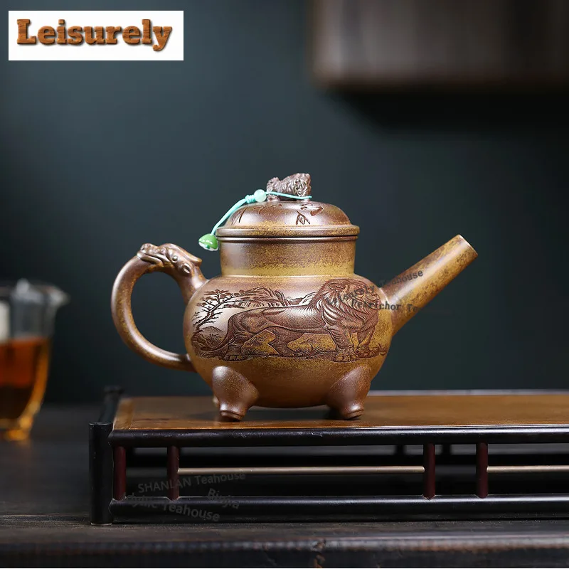 450ml Yixing Purple Clay Teapots Handmade Auspicious Beast Pot Raw Ore Wood-fired Porcelain Mud Kettle With Infuser Zisha Teaset