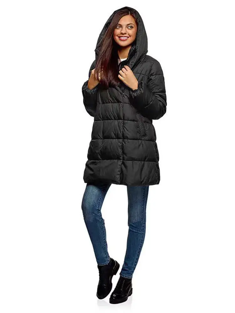 

Thiened Warm Hooded Stand Collar Loose Mid-Length Cotton Jaet Women's Winter Coat Commute Sle Zipper Closure Color