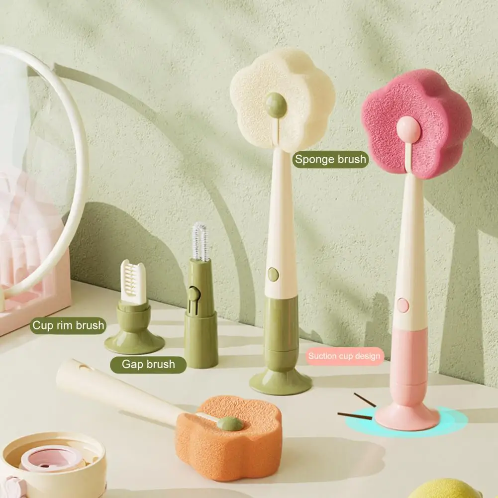 Kitchen Sink Tool Multi-functional Brush with Suction Cup Base Removable Flower Sponge Head Three-in-one Tool for Versatile Use