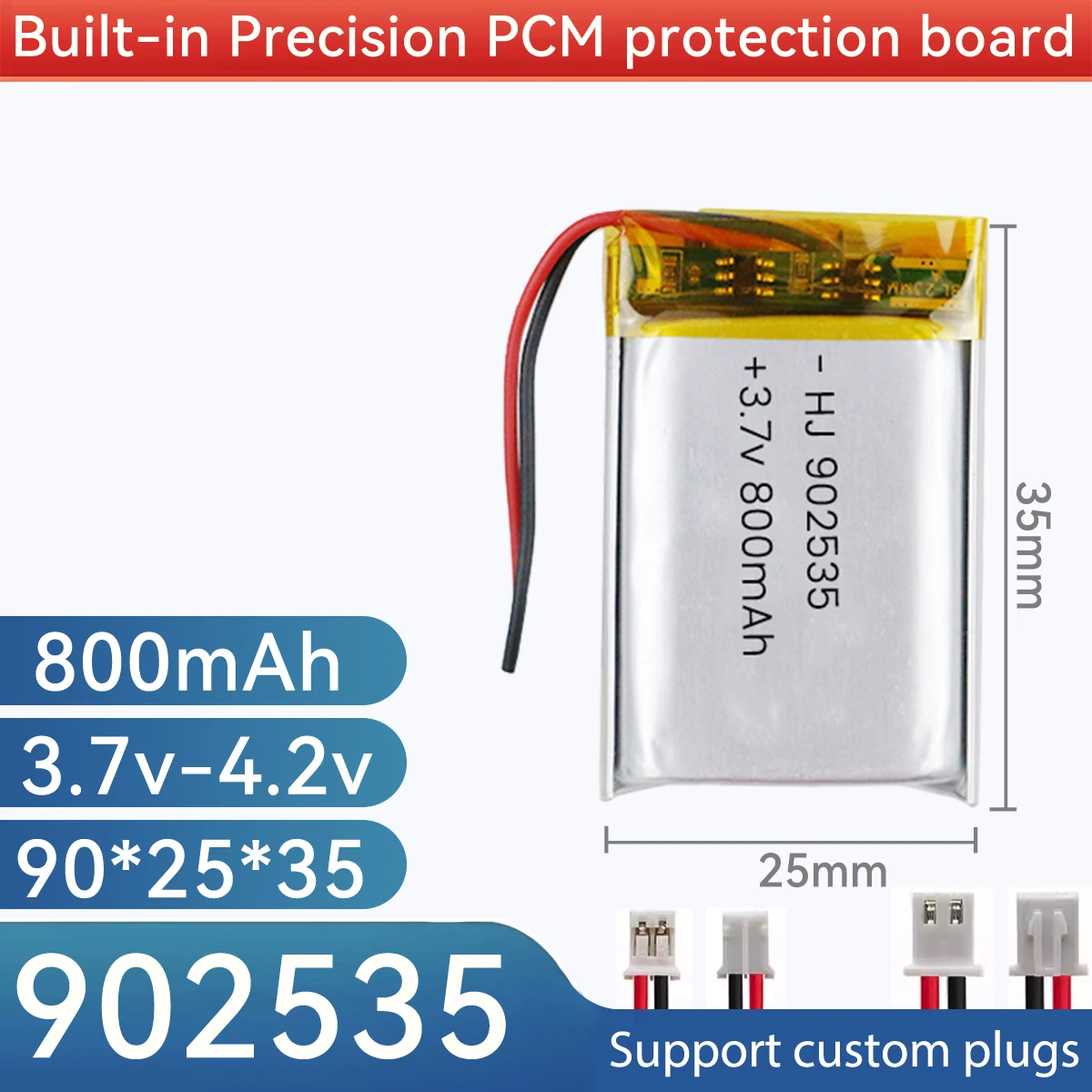 902535 3.7V 800mAh Rechargeable Li-ion Polymer Battery for 502535 702535 802535 602535 102535 PH2.0 JST1.25 XH2.54 -2P Plug