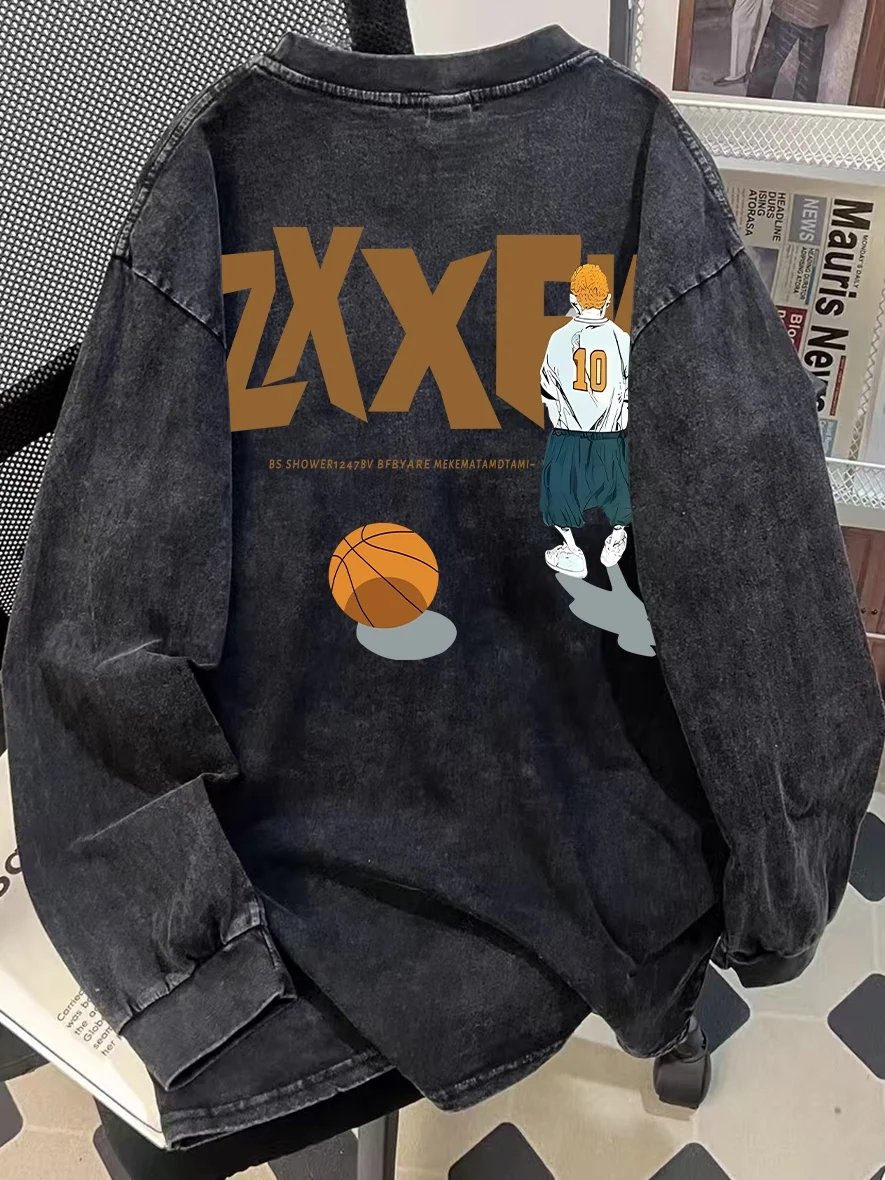 

Heavyweight Pure Cotton Long Sve T-irt Men's Vintage Waed Loose Fit Versatile Top for Spring Autumn Youth Faion