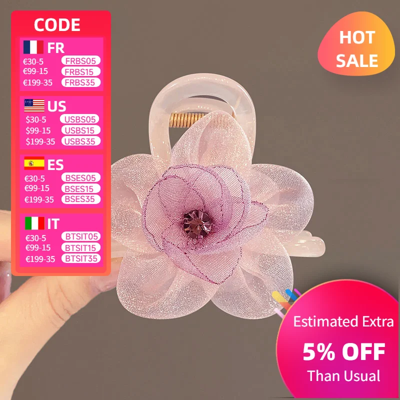 

2024 New Arrival Women's Hair Claw with High-end Mesh Flowers Hair Clip Half-up Ponytail Shark Clip Sunflower Detail Hair Claw