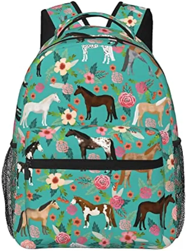 Horses Floral Horse Breeds Farm Animal Pets Flowers Pattern Backpack for Women Boys Teens School Backpacks Students Bookbag