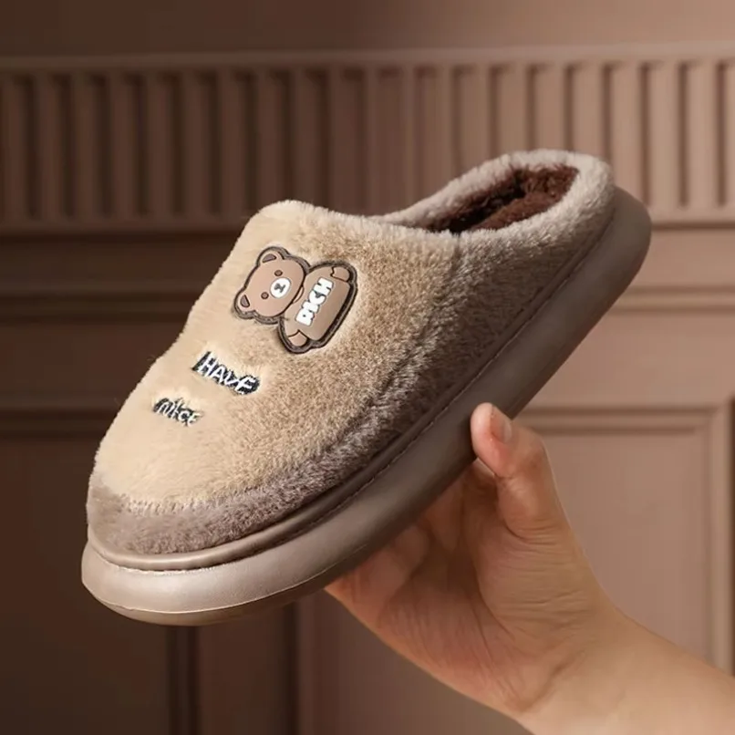 Home Slipper Men Cartoon Bear Winter Warm Plush Indoor Fuzzy Floor Room House Shoe Flat Cotton Female Fur Fluffy Sneaker Cute