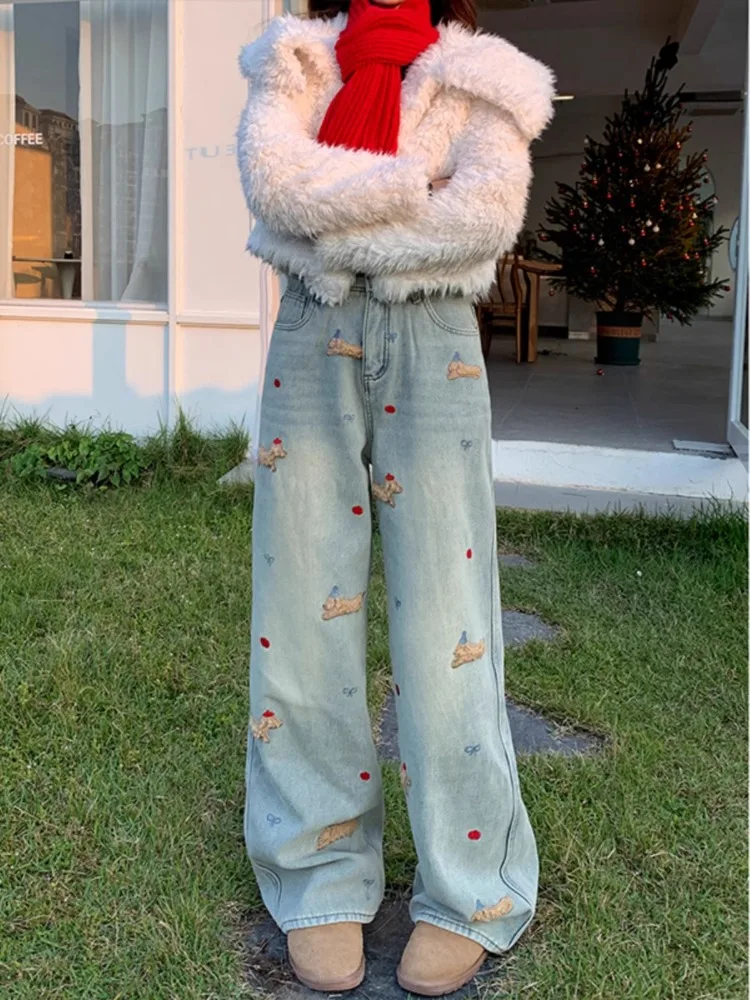 Thickened Jeans High Quality Fleece-Lined Straight Leg Pants Puppy 3D Embroidery Loose Slim Highs Waist Wide Leg Trousers Women