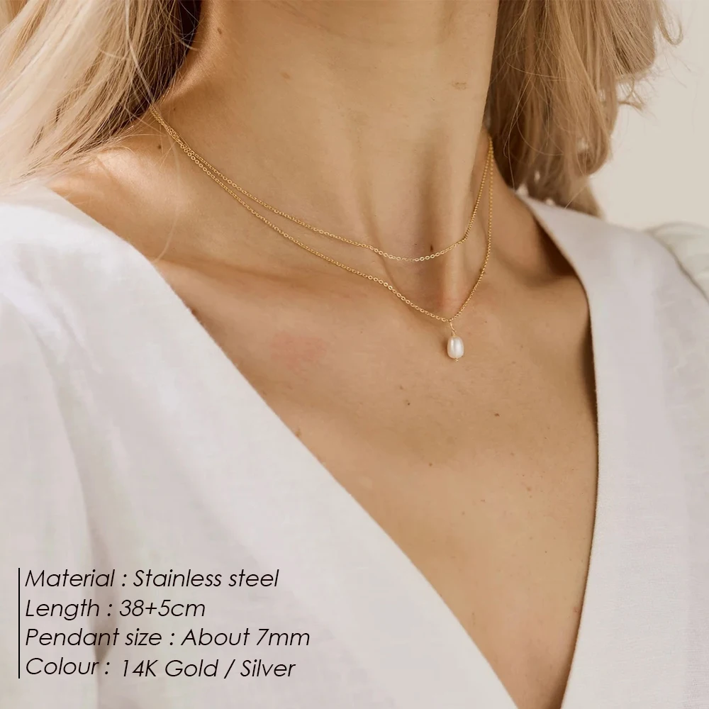 eManco Minimalist Freshwater Pearl Necklace Women Girls 14K Gold Plated Stainless Steel Double Layer Necklace Wedding Jewelry