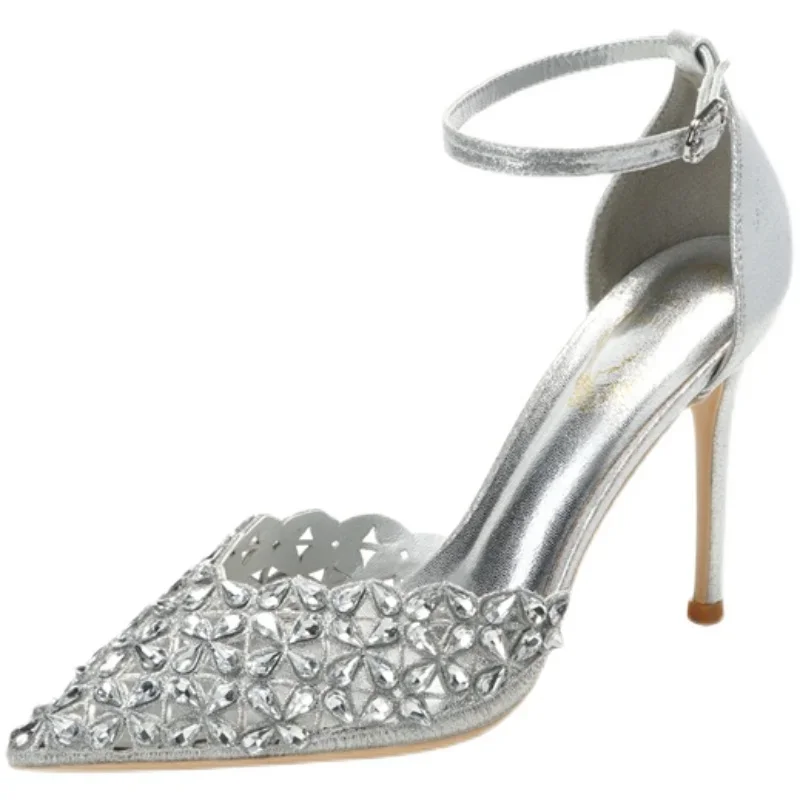 Estate nuovi sandali in rete con diamanti acqua tacchi alti scarpe da sposa con tacco sottile da donna scarpe di cristallo sexy alla moda