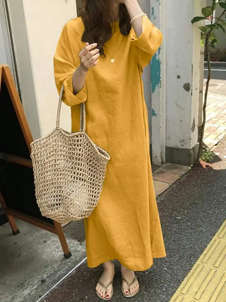 ZANZEA Women Long Sleeve Maxi Dress Vintage Autumn Sundress Casual Solid Loose Cotton Dresses Party Vestidos Holiday Robe Femme