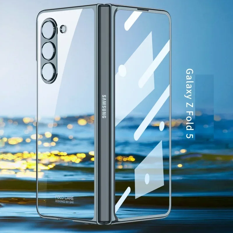 Luxury Plating HD Transparent Case For Samsung Galaxy Z Fold 7 6 5 4 5G Case with Ring Metal Ring Clear Shockproof Shell Case