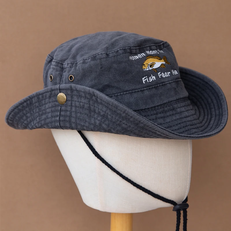 Vintage Washed Cotton Boonie Hat Women Want Me Fish Fear Me Embroidered Bucket Hat Outdoor Fishing Sun Hat Cowboy Safari Cap