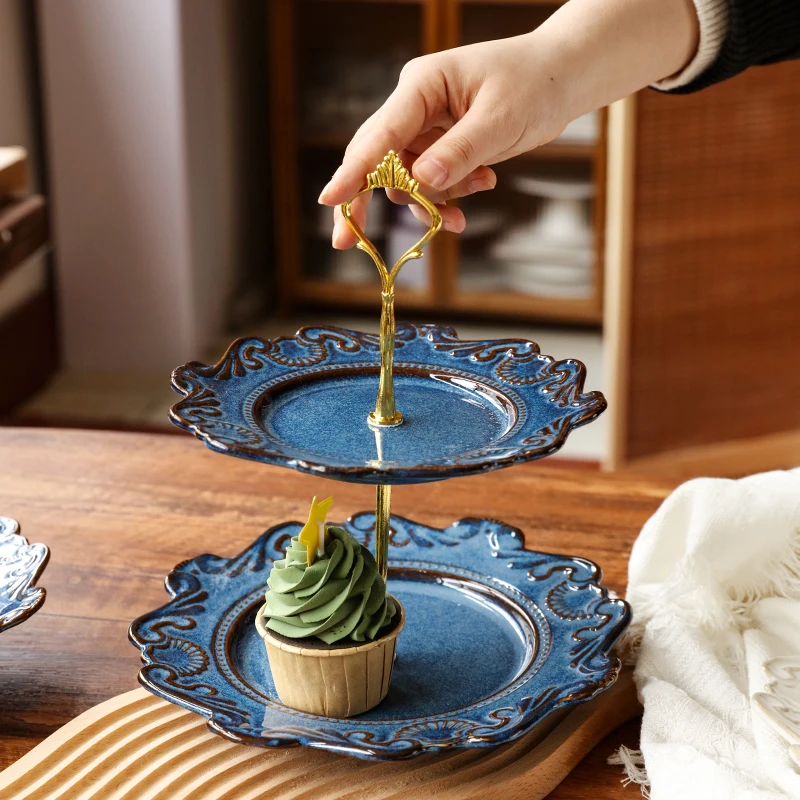 

HYS court style ceramic multi-layer cake snack rack, relief tray, living room three-layer fruit snack dessert table