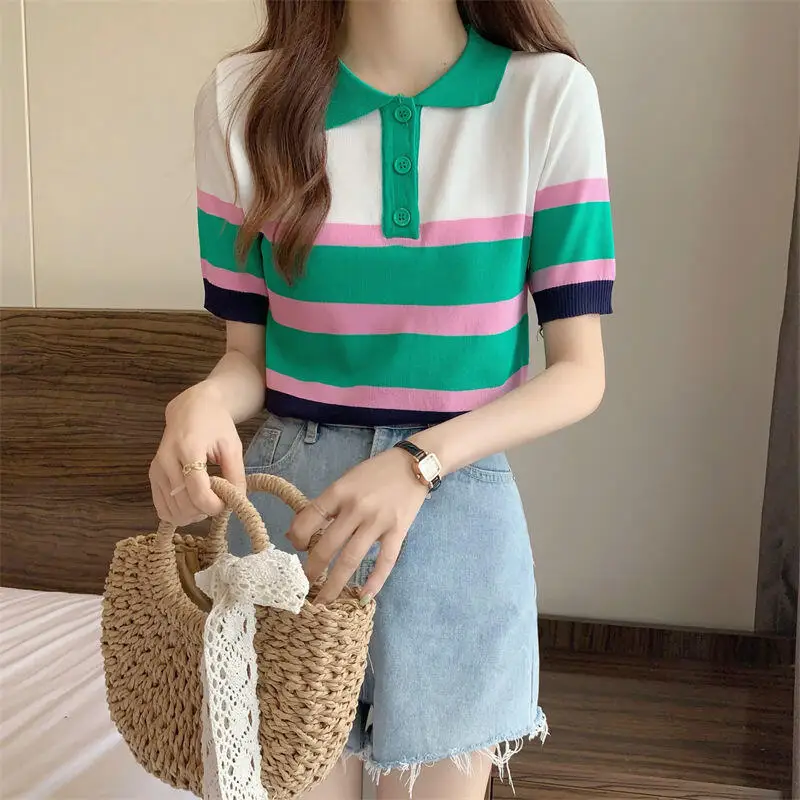 Letnia Nowa Damska Koszulka w Paski z Dzianiny, Krótki Rękaw, Casualowy Krój Slim Fit, Poliester, Modna, Przeciwstarzeniowa