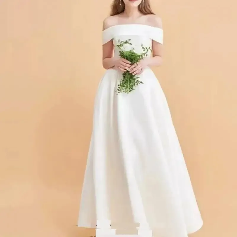 Plus size dames trouwjurk klassiek elegant off-the-shoulder a-lijn avondjurken nieuwe satijnen eenvoudige bruidsjurk