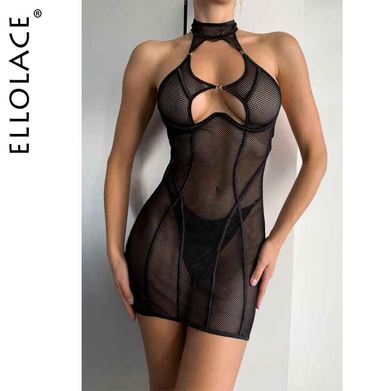 Ellolace Exclusive Lingeries Femme Ultra Tempted Hot Mesh Hollow Mini Dress Thong 2PC Sexy Backless Bodycon Sensual Underwear