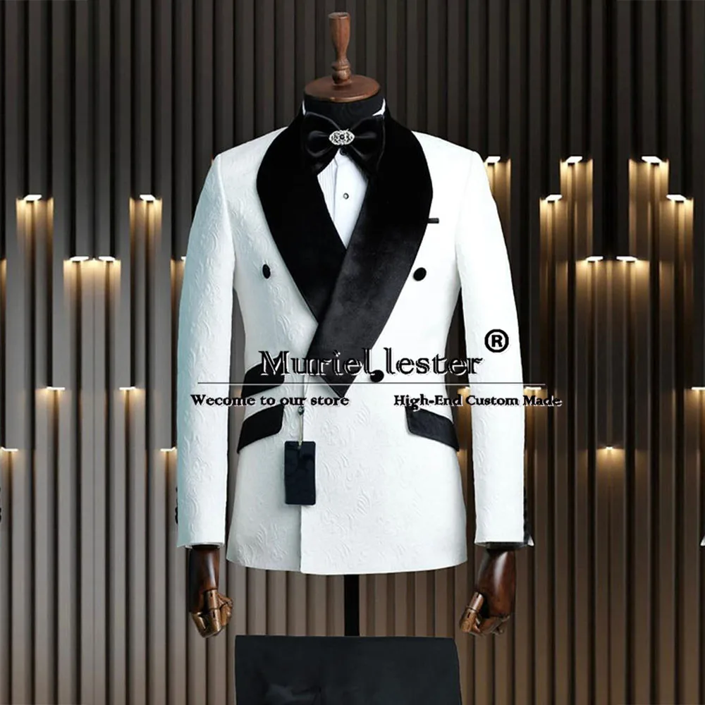 Double Breasted Suits Men Peaked Lapel Velvet Lapel Jacquard Prom Blazer Custom Made Groom Wedding Tuxedo Man Formal Party Dress