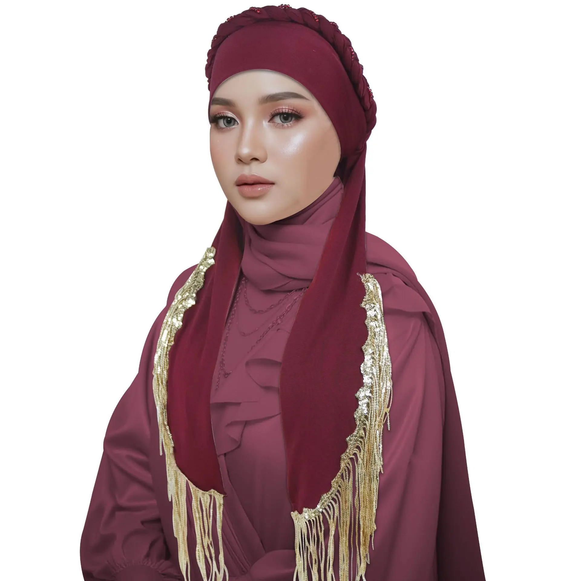 Mode paillettes perlées Hijab avec longue queue gland tresses Turban femmes musulman Islam foulard chimio casquette doux bandeau bandeau