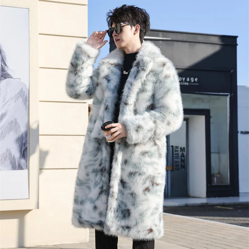 PFHQ Long Knee Length Faux Fur Coat Turn-down Collar 2024 Korea Fashion Contrast Color Long Sleeve Male Tops Jacket 21Z5563