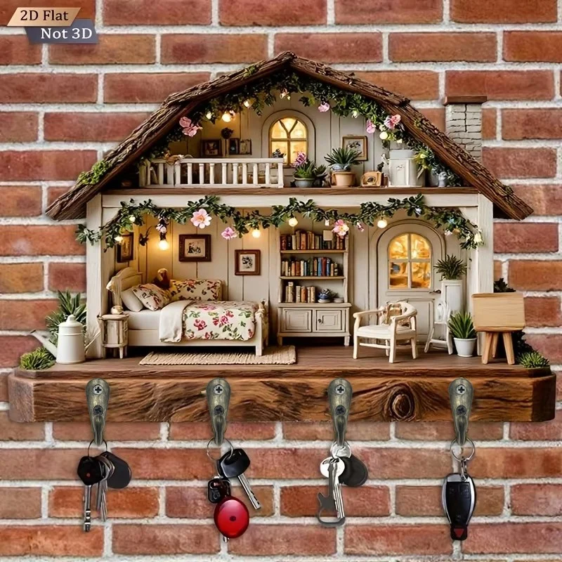 2D Flat. 1pc. Cabin-Style Key Hanger - Multi-Functional Decorative Key Rack, With Four Metal Hooks, Wall Decoration, Room
