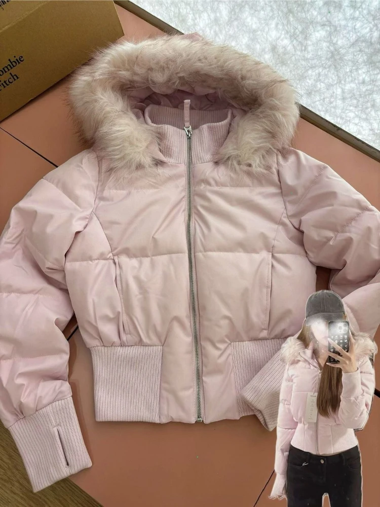 الجمالية خمر قصيرة سستة معطف مبطّن المرأة الشتاء تصميم طويل الأكمام الفراء طوق ملابس خارجية عادية ريترو جديد أسفل سترة