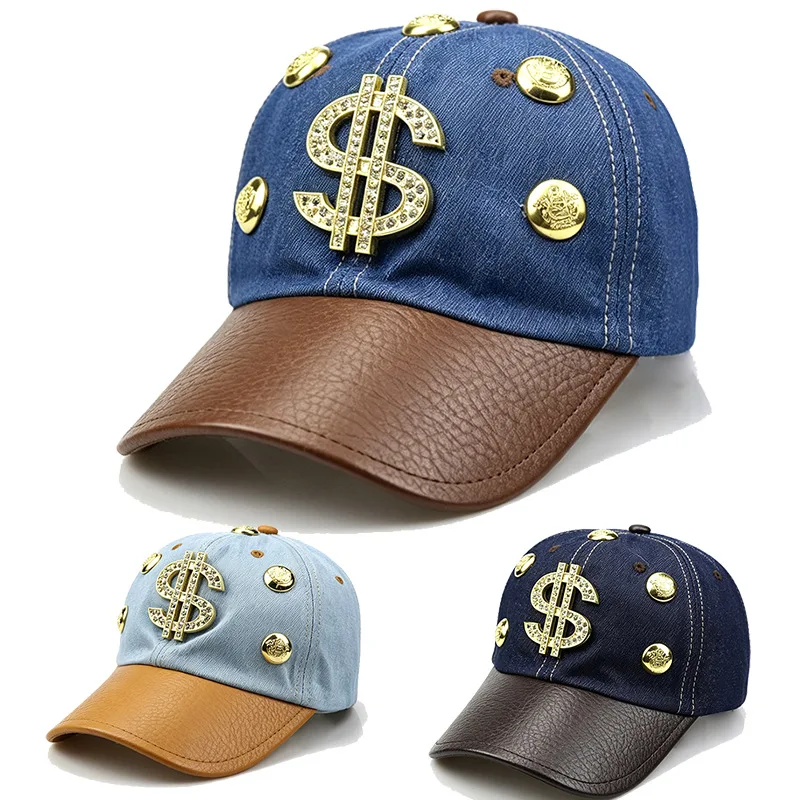 High quality A++dollar symbol denim spliced leather baseball cap for men and women vintage duckbill cap