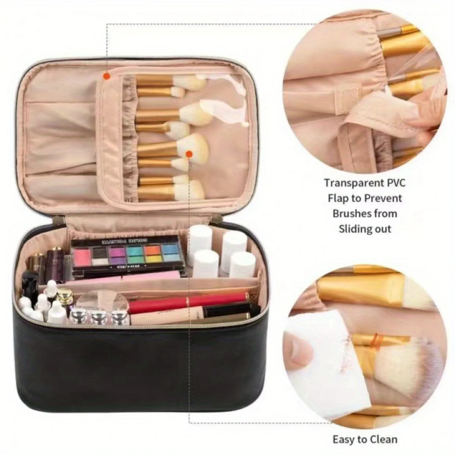 XUNXING Large Capacity PU Cosmetic Bag, Waterproof and Unscented PVC , Portable Travel Makeup Organizer with Brush Holder and Ea