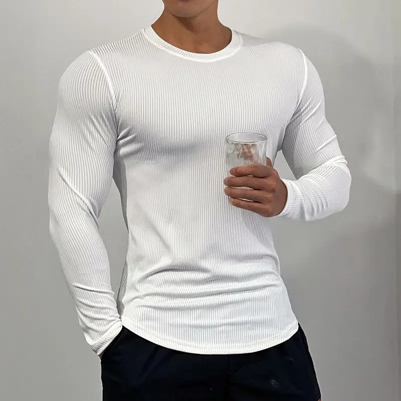 Autumn New Solid Stripe Quick Drying Sports T-shirt Men's Round Neck Training Long Sleeved Running Casual Slim Thread Bottom Top
