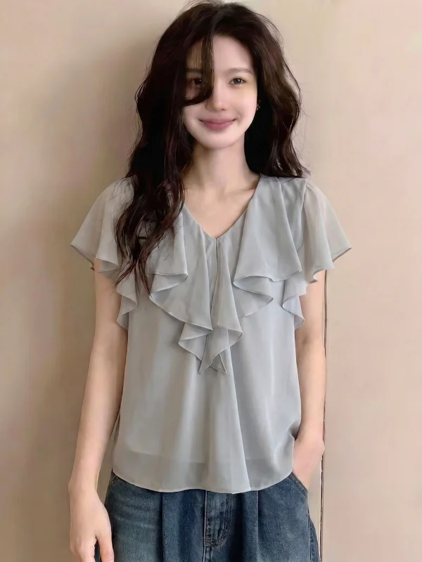 

Flounce Hem V-Neck Short Sleeve Women's Chiffon Shirt Korean Style Loose Fit Summer New Fashion Big Size Slimming Top