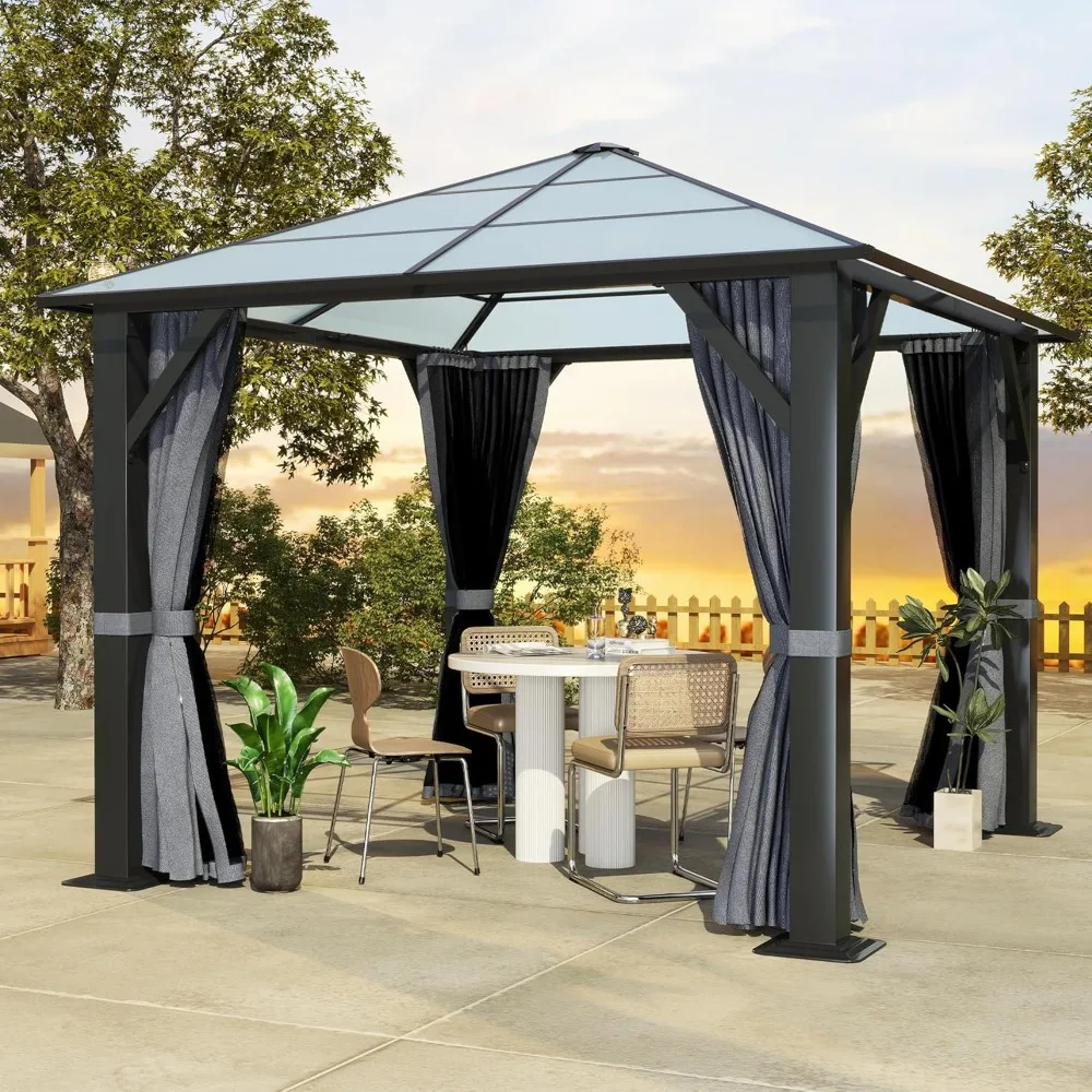 

gazebo.10'x10' Hardtop Gazebo, Outdoor Polycarbonate Roof Gazebo, Alumium Frame Permanent Pavilion with Curtains