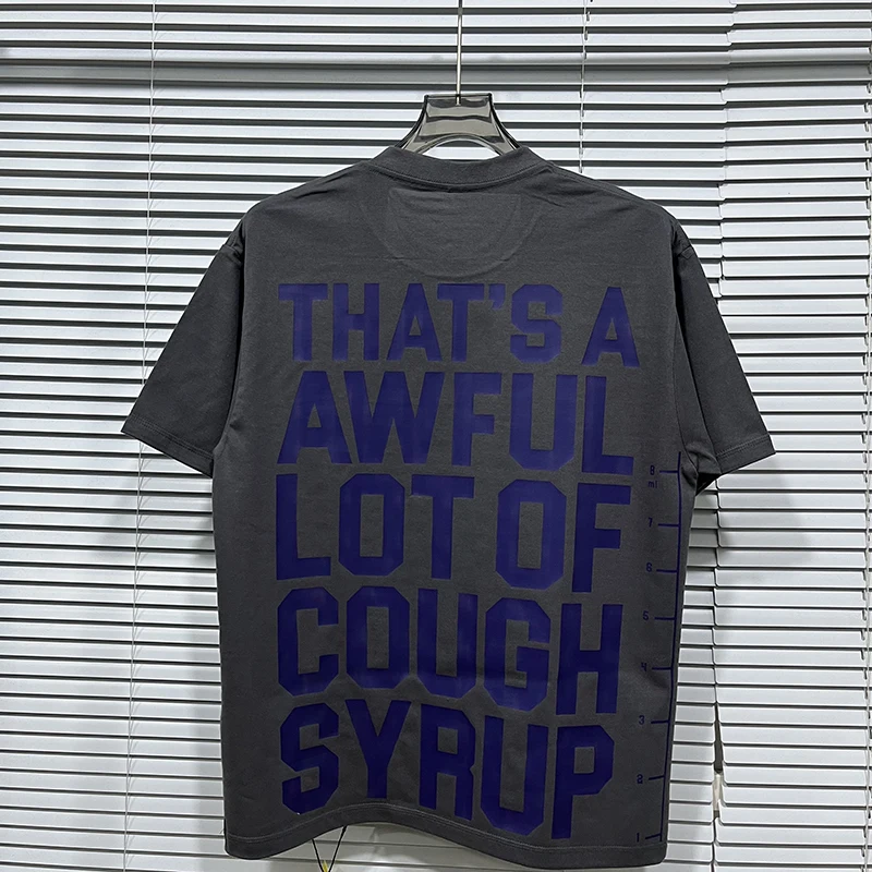 THAT'S A AWFUL LOT OF COUGH SYRUP Men Women Dark Grey Short Sleeve T Shirt Purple Letter Scale Print Loose Casual Top