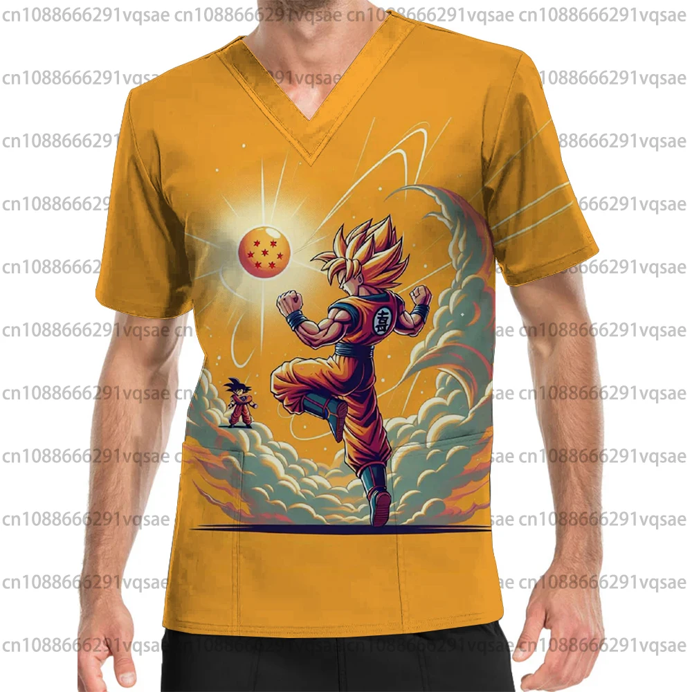 Summer New Men's Pocket V-Neck Scrub Top Dragon Ball Anime Men's Health Care Nurse Uniform Caregiver Work Short Sleeve T-Shirt