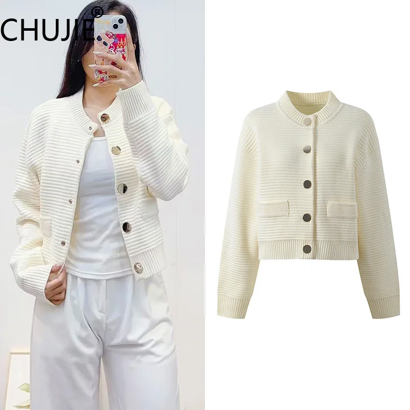 

CHUJIE Fall/Winter 2025 White Striped Knit Cardigan, Round Neck Soft Style Top, Versatile Youthful Cover-Up