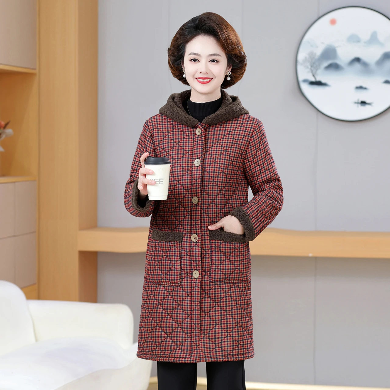 حجم كبير Fce اصطف منتصف طول Jaet المرأة الدفء الرجعية Sle تخفيف طويل Sve ملابس خارجية الخريف الشتاء فضفاضة تناسب