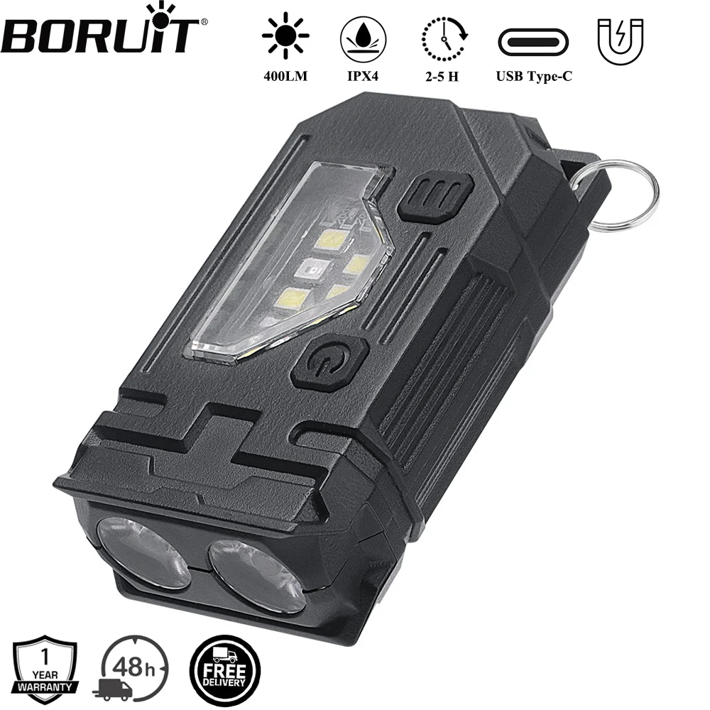 BORUiT Keychain EDC LED Flashlight USB Type-C Rechargeable Work Light Torch with Magnet Waterproof Camping Pocket Lantern