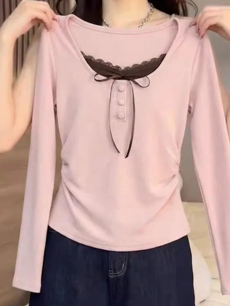 Sweet Style Long Sleeve Short T-Shirt Women's Slim Fit White Enhancing Lace  Fake Two-Piece Early Spring New Arrival